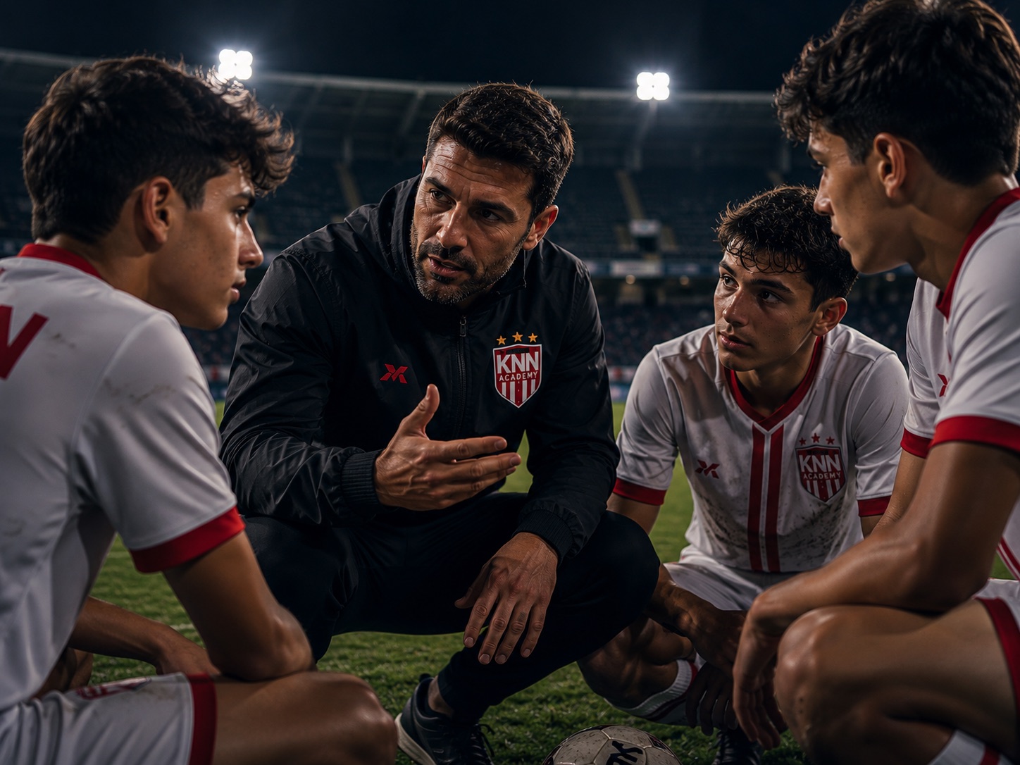 KNN academy coach mentoring young players in a huddle on the pitch